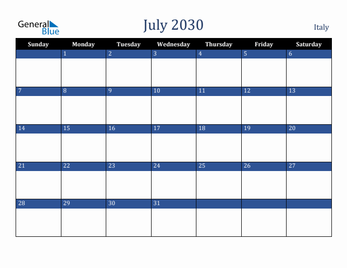 July 2030 Italy Calendar (Sunday Start)