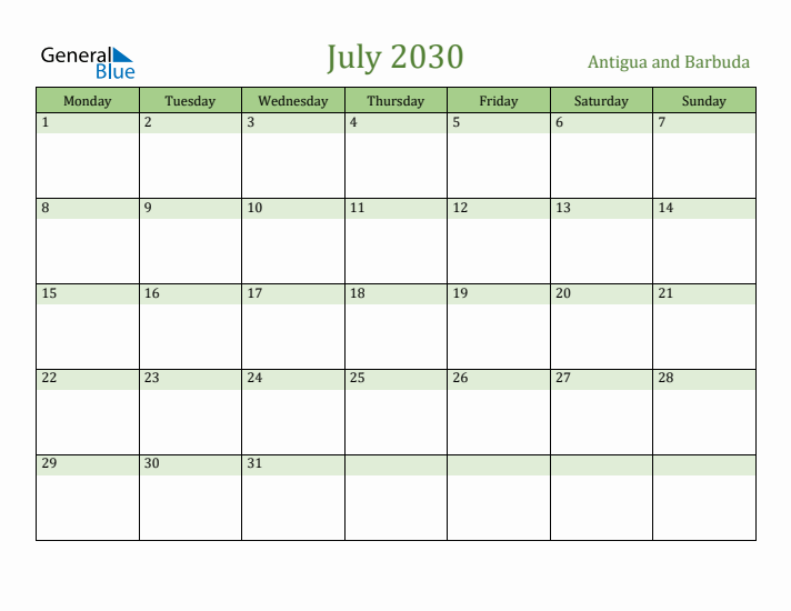 July 2030 Calendar with Antigua and Barbuda Holidays