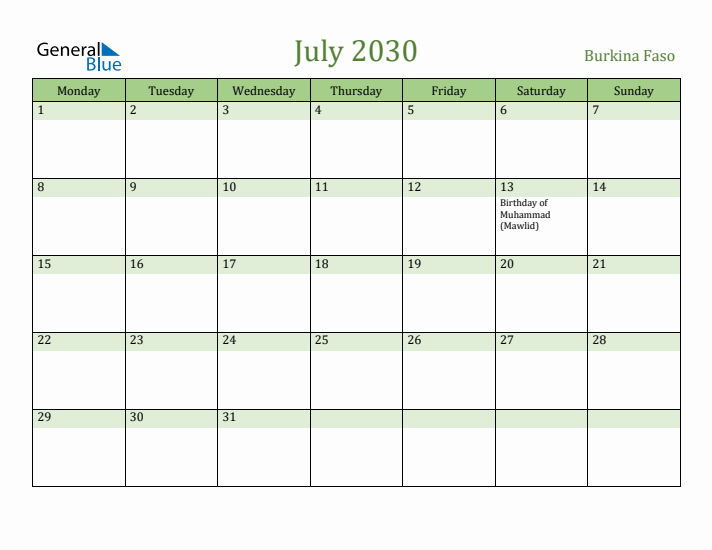 July 2030 Calendar with Burkina Faso Holidays