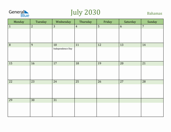 July 2030 Calendar with Bahamas Holidays