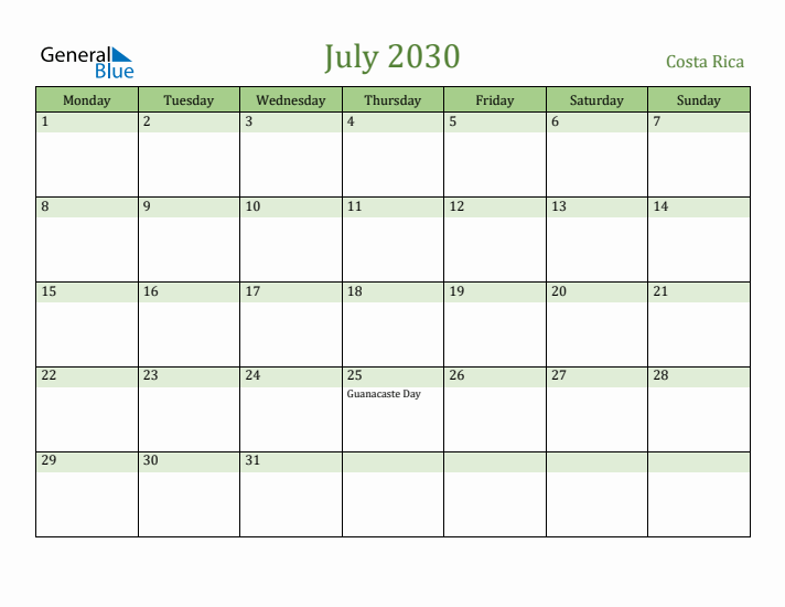 July 2030 Calendar with Costa Rica Holidays