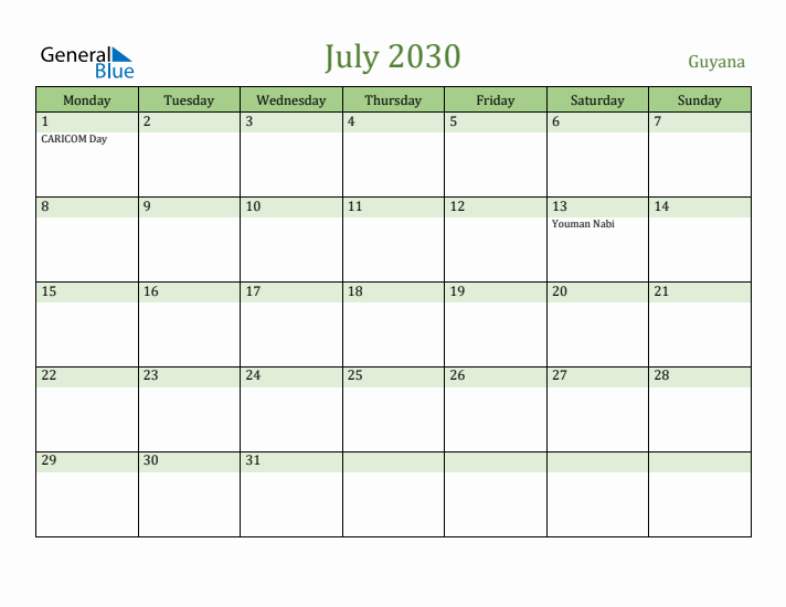 July 2030 Calendar with Guyana Holidays