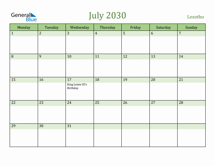 July 2030 Calendar with Lesotho Holidays