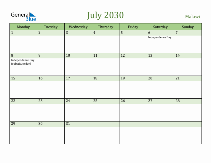 July 2030 Calendar with Malawi Holidays