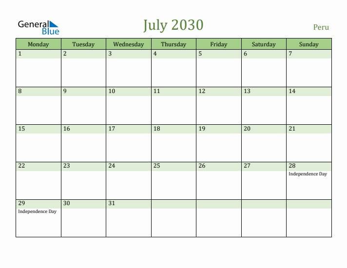 July 2030 Calendar with Peru Holidays