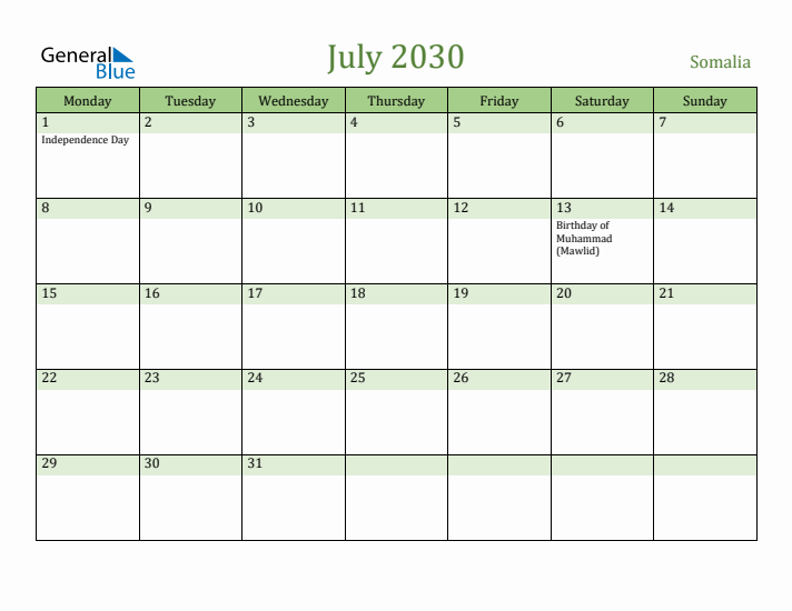 July 2030 Calendar with Somalia Holidays