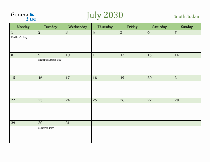 July 2030 Calendar with South Sudan Holidays