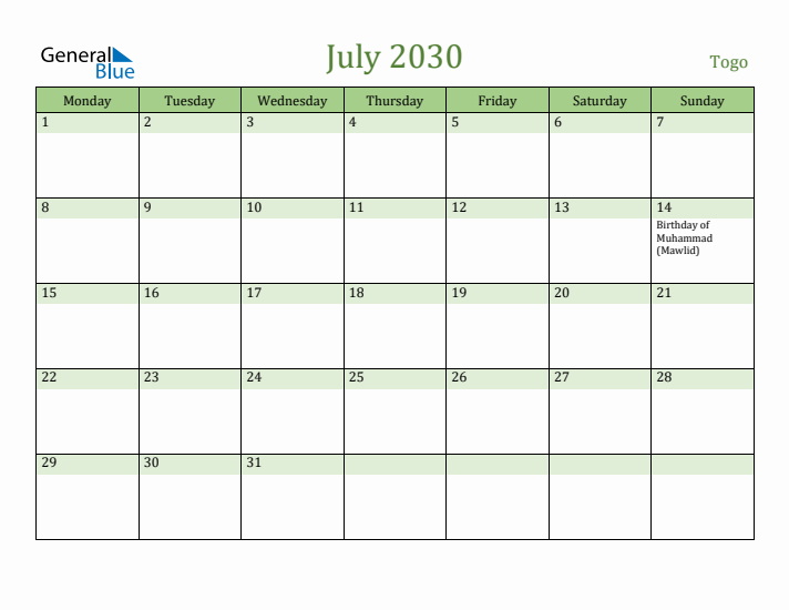 July 2030 Calendar with Togo Holidays