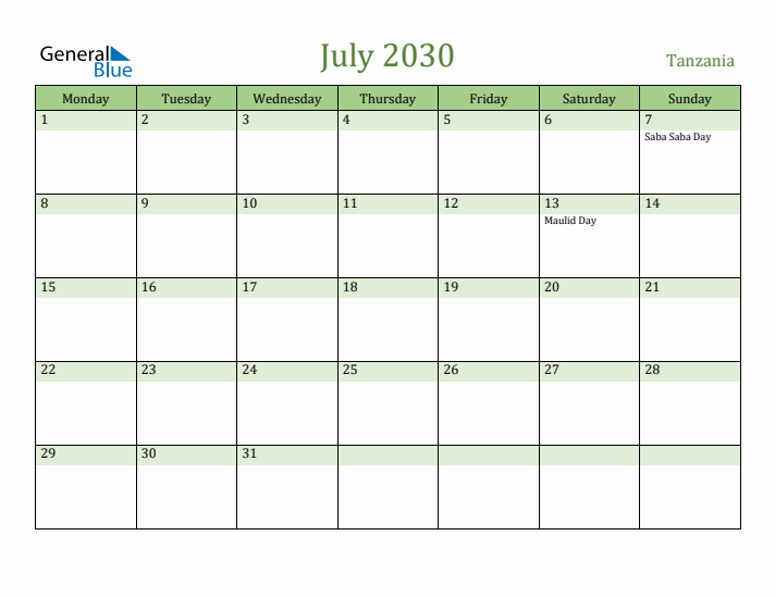 July 2030 Calendar with Tanzania Holidays