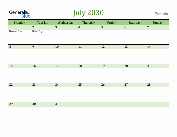 July 2030 Calendar with Zambia Holidays