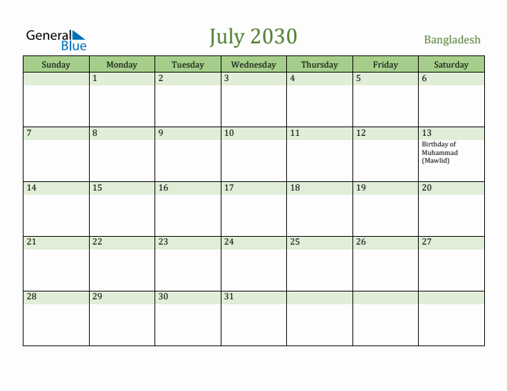 July 2030 Calendar with Bangladesh Holidays