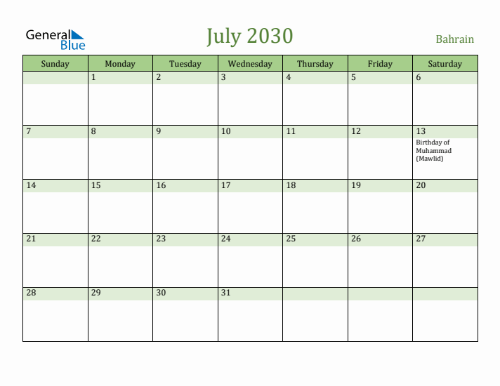 July 2030 Calendar with Bahrain Holidays