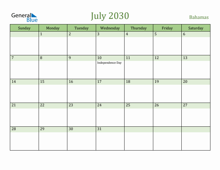 July 2030 Calendar with Bahamas Holidays