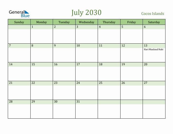 July 2030 Calendar with Cocos Islands Holidays