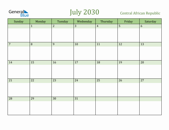 July 2030 Calendar with Central African Republic Holidays