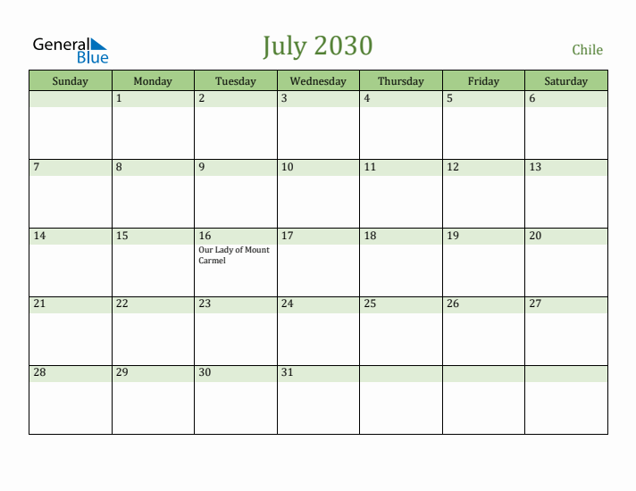 July 2030 Calendar with Chile Holidays