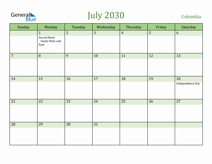 July 2030 Calendar with Colombia Holidays