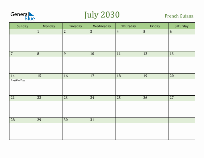 July 2030 Calendar with French Guiana Holidays