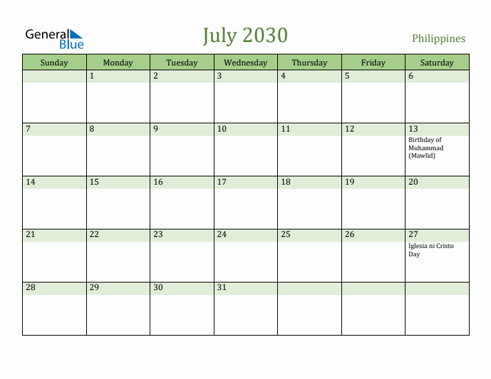 July 2030 Calendar with Philippines Holidays