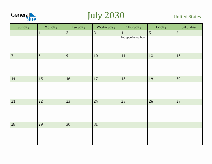 July 2030 Calendar with United States Holidays