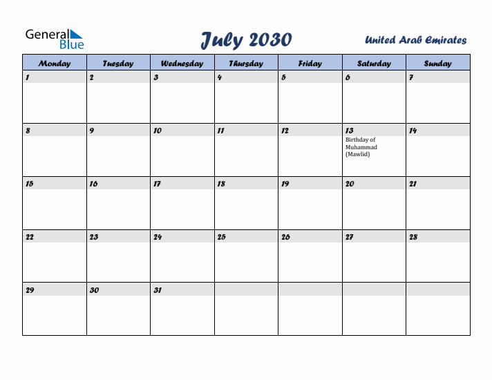 July 2030 Calendar with Holidays in United Arab Emirates