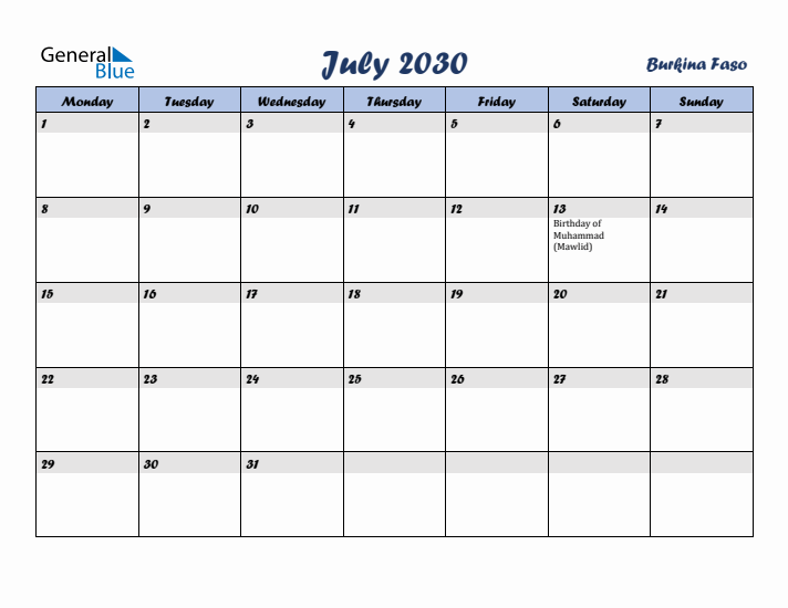 July 2030 Calendar with Holidays in Burkina Faso