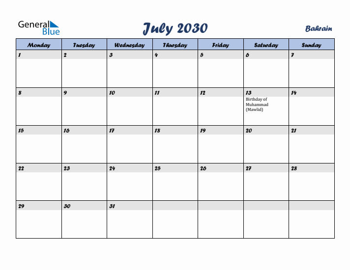 July 2030 Calendar with Holidays in Bahrain