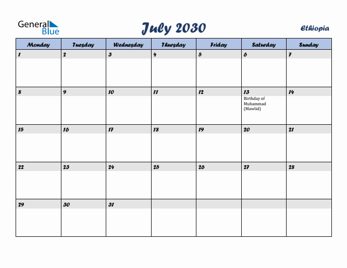 July 2030 Calendar with Holidays in Ethiopia