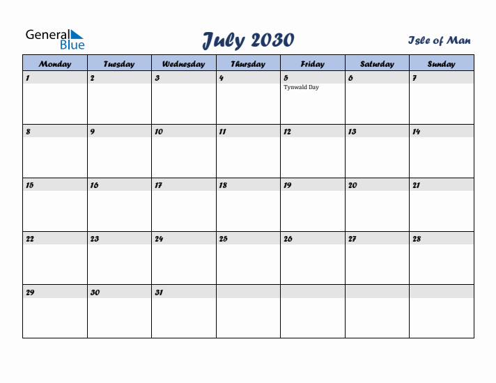 July 2030 Calendar with Holidays in Isle of Man