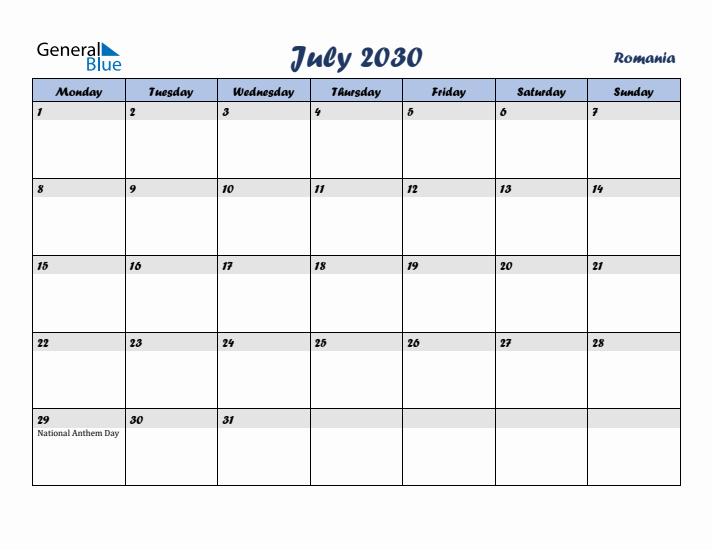 July 2030 Calendar with Holidays in Romania