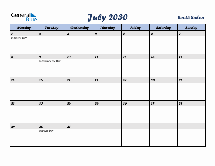 July 2030 Calendar with Holidays in South Sudan