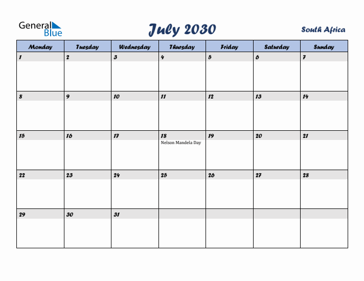 July 2030 Calendar with Holidays in South Africa