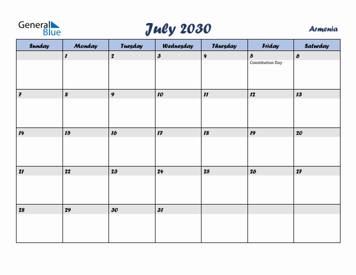 July 2030 Calendar with Holidays in Armenia