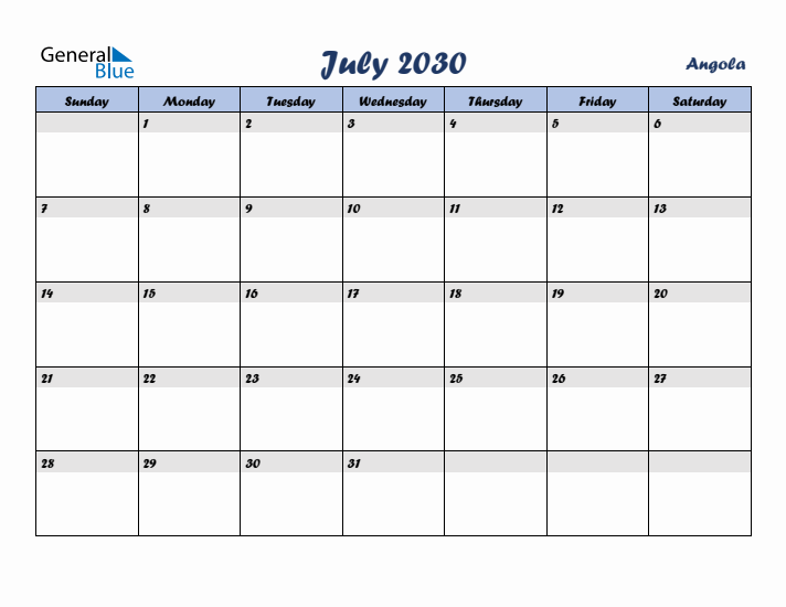 July 2030 Calendar with Holidays in Angola