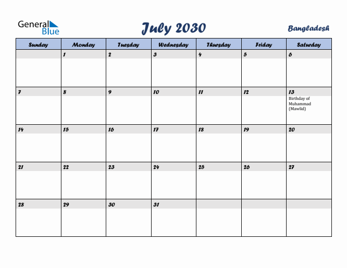 July 2030 Calendar with Holidays in Bangladesh