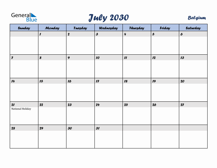 July 2030 Calendar with Holidays in Belgium