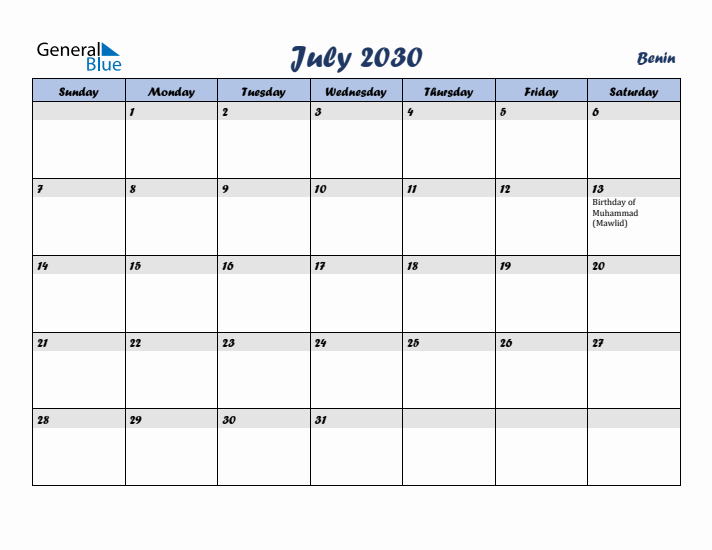 July 2030 Calendar with Holidays in Benin