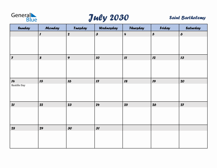 July 2030 Calendar with Holidays in Saint Barthelemy