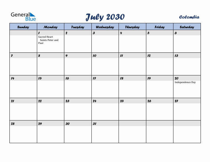 July 2030 Calendar with Holidays in Colombia