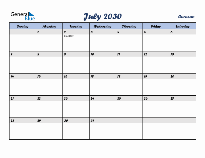 July 2030 Calendar with Holidays in Curacao