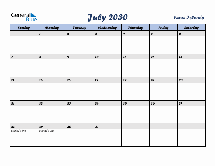 July 2030 Calendar with Holidays in Faroe Islands