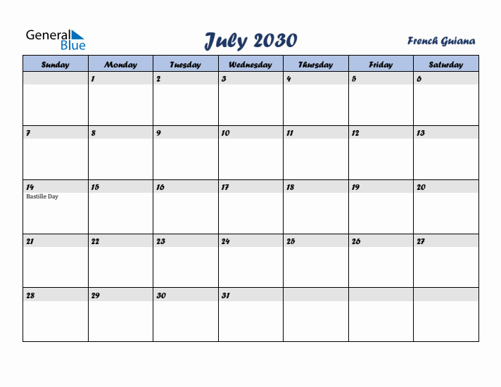 July 2030 Calendar with Holidays in French Guiana