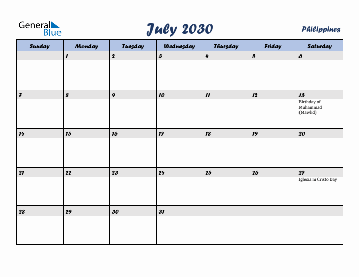 July 2030 Calendar with Holidays in Philippines