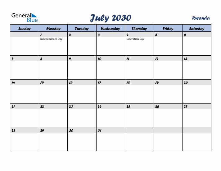 July 2030 Calendar with Holidays in Rwanda