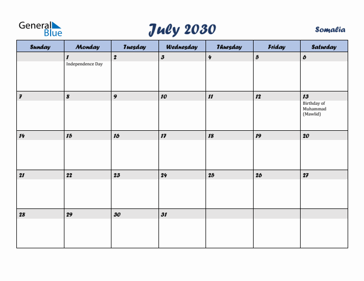 July 2030 Calendar with Holidays in Somalia