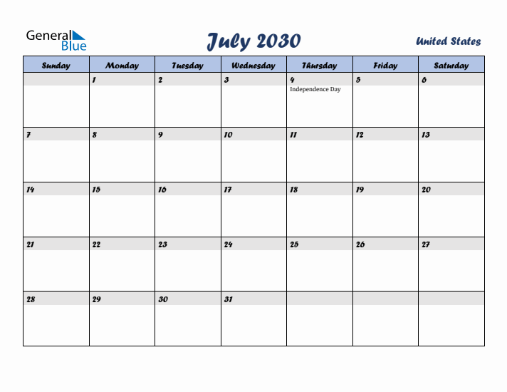 July 2030 Calendar with Holidays in United States