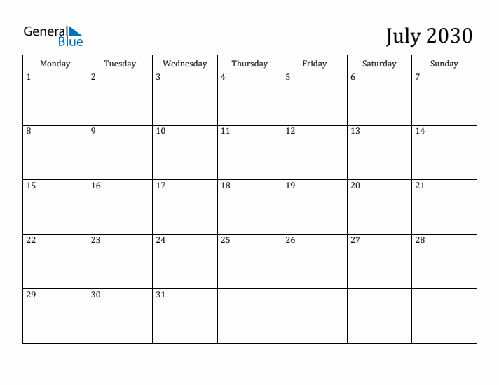 July 2030 Calendar