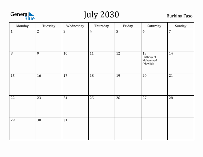 July 2030 Calendar Burkina Faso