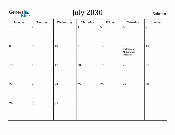 July 2030 Calendar Bahrain