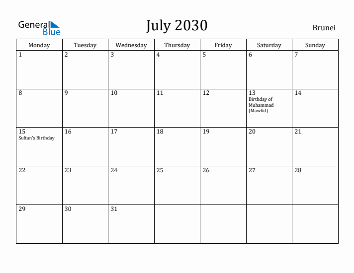 July 2030 Calendar Brunei